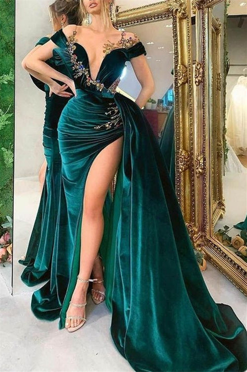 Mermaid Off-the-shoulder Floor-length Sleeveless Appliques Lace Prom Dress-Ballbella