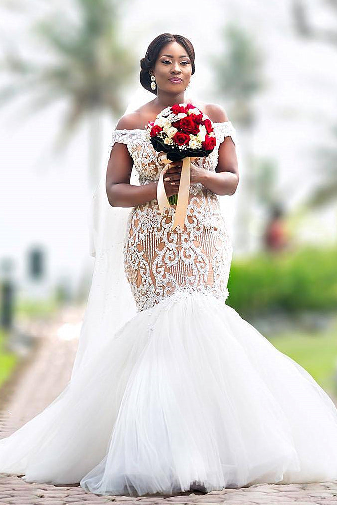 applique wedding dress Mermaid Off-the-shoulder Floor Length Tulle Applique Wedding Dress