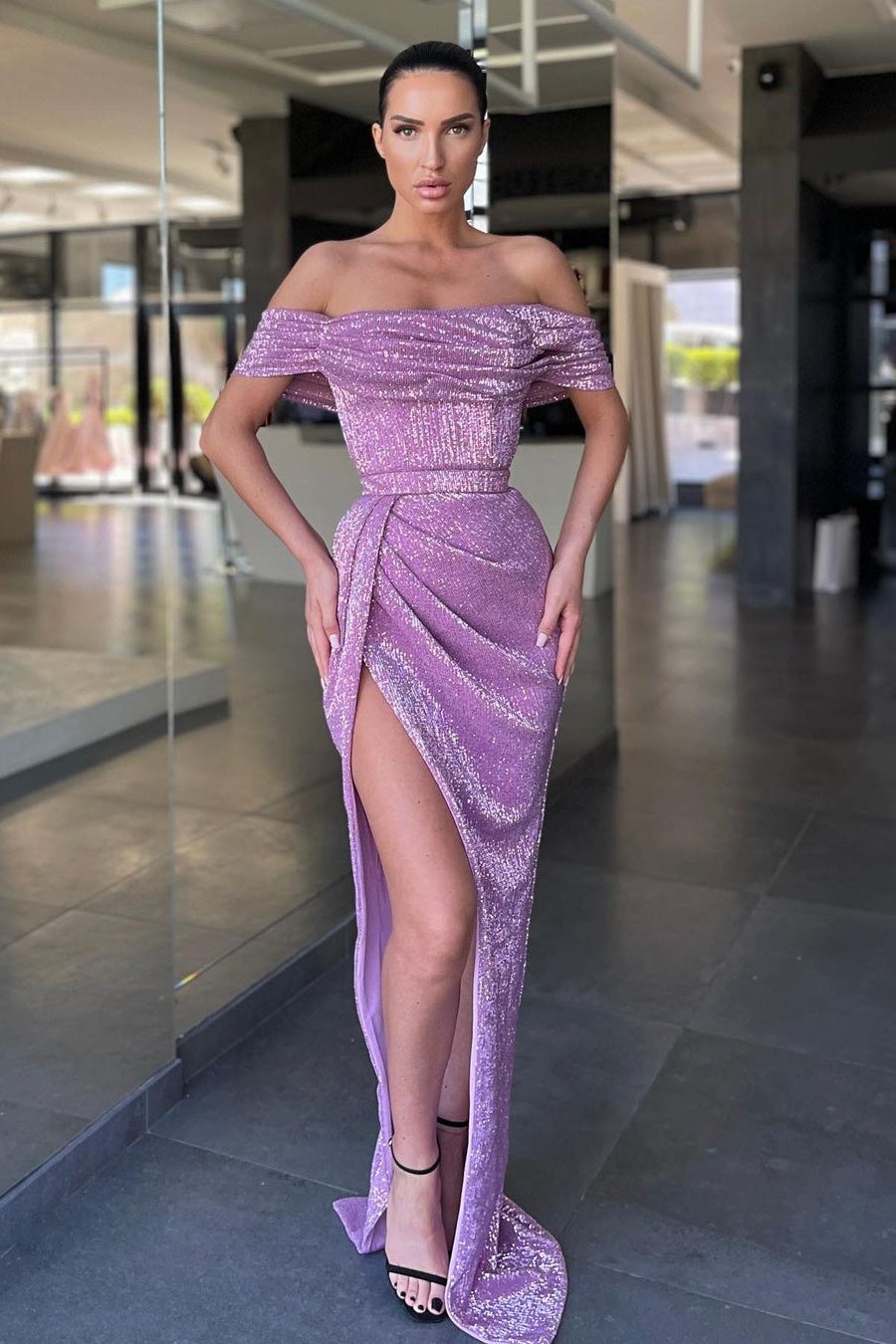 Mermaid Off-the-shoulder Sequined Floor-length High Split Open Back Prom Dress Mermaid Off-the-shoulder Sequined Floor-length High Split Open Back Prom Dress