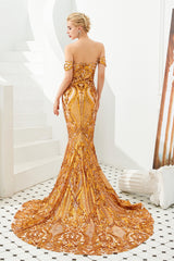 Mermaid Off-the-shoulder Sweetheart Sequined Sleeveless Backless Applique Prom Dress-Ballbella