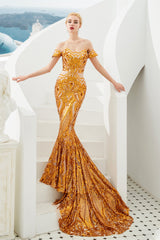 Mermaid Off-the-shoulder Sweetheart Sequined Sleeveless Backless Applique Prom Dress-Ballbella