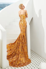 Mermaid Off-the-shoulder Sweetheart Sequined Sleeveless Backless Applique Prom Dress-Ballbella