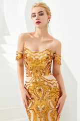 Mermaid Off-the-shoulder Sweetheart Sequined Sleeveless Backless Applique Prom Dress-Ballbella