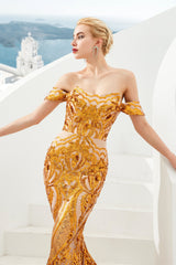 Mermaid Off-the-shoulder Sweetheart Sequined Sleeveless Backless Applique Prom Dress-Ballbella