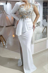 Mermaid One shoulder High split White Illusion neck Wedding Dress-Ballbella