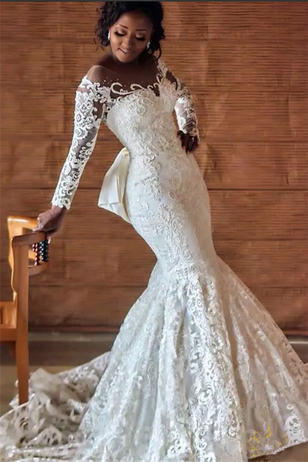 Mermaid Round Collar Long Sleeves Backless Floor Length Charmeuse Applique Wedding Dress Mermaid Round Collar Long Sleeves Backless Floor Length Charmeuse Applique Wedding Dress