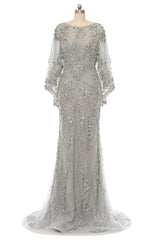 Mermaid Round Floor-length Long Sleeve Sequined Beading Gorgeous Prom Dresses-Ballbella