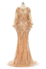 Mermaid Round Floor-length Long Sleeve Sequined Beading Gorgeous Prom Dresses-Ballbella