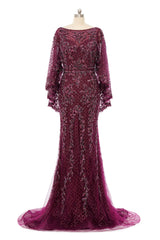 Mermaid Round Floor-length Long Sleeve Sequined Beading Gorgeous Prom Dresses-Ballbella