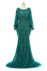 Mermaid Round Floor-length Long Sleeve Sequined Beading Gorgeous Prom Dresses-Ballbella