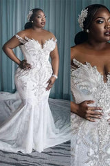 Mermaid Round Lace Applique Short Sleeve Floor-length Beaded Wedding Dress-Ballbella