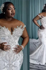 Mermaid Round Lace Applique Short Sleeve Floor-length Beaded Wedding Dress-Ballbella