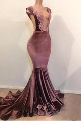 Mermaid Sleeveless Floor Length Appliques Velvet Prom Dresses-Ballbella