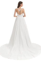 Mermaid Spaghetti strap Beading V-neck Floor-length Sleeveless Backless Wedding Dress-Ballbella
