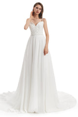 Mermaid Spaghetti strap Beading V-neck Floor-length Sleeveless Backless Wedding Dress-Ballbella