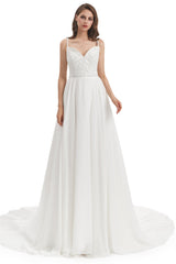 Mermaid Spaghetti strap Beading V-neck Floor-length Sleeveless Backless Wedding Dress-Ballbella