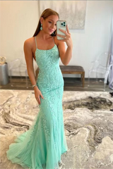 Mermaid Spaghetti strap Floor-length Sleeveless Open Back Appliques Lace Prom Dress-Ballbella