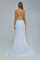 Mermaid Spaghetti strap Sequined Floor-length Sleeveless Backless High Split Elegant Prom Dress-Ballbella