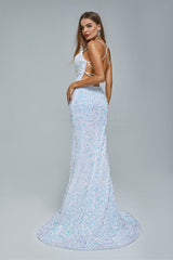 Mermaid Spaghetti strap Sequined Floor-length Sleeveless Backless High Split Elegant Prom Dress-Ballbella