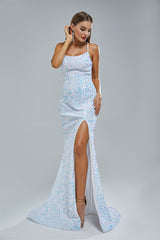Mermaid Spaghetti strap Sequined Floor-length Sleeveless Backless High Split Elegant Prom Dress-Ballbella
