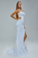 Mermaid Spaghetti strap Sequined Floor-length Sleeveless Backless High Split Elegant Prom Dress-Ballbella