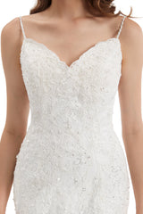 Mermaid Spaghetti strap Sweetheart Sequined Floor-length Sleeveless Backless Appliques Lace Wedding Dress-Ballbella