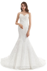 Mermaid Spaghetti strap Sweetheart Sequined Floor-length Sleeveless Backless Appliques Lace Wedding Dress-Ballbella