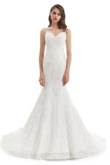 Mermaid Spaghetti strap Sweetheart Sequined Floor-length Sleeveless Backless Appliques Lace Wedding Dress-Ballbella