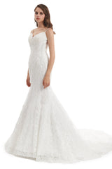 Mermaid Spaghetti strap Sweetheart Sequined Floor-length Sleeveless Backless Appliques Lace Wedding Dress-Ballbella