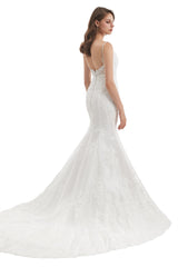 Mermaid Spaghetti strap Sweetheart Sequined Floor-length Sleeveless Backless Appliques Lace Wedding Dress-Ballbella