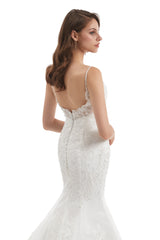 Mermaid Spaghetti strap Sweetheart Sequined Floor-length Sleeveless Backless Appliques Lace Wedding Dress-Ballbella
