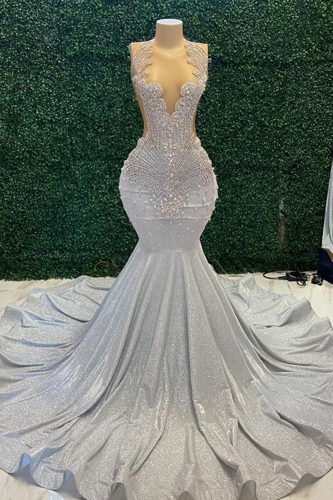 Mermaid Sparkle Silver Beaded Long Prom Dresses Mermaid Sparkle Silver Beaded Long Prom Dresses