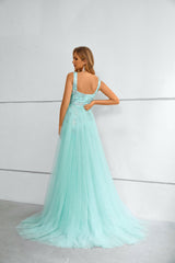 Mermaid Square Lace Applique Floor-length Sleeveless Backless Prom Dress with Side Train-Ballbella
