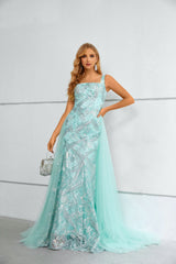 Mermaid Square Lace Applique Floor-length Sleeveless Backless Prom Dress with Side Train-Ballbella