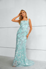 Mermaid Square Lace Applique Floor-length Sleeveless Backless Prom Dress with Side Train-Ballbella