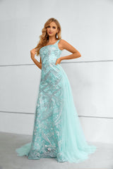 Mermaid Square Lace Applique Floor-length Sleeveless Backless Prom Dress with Side Train-Ballbella