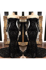 Mermaid Strapless Court Length Long Sleeve Beaded Paillette Embroidery Prom Dress-Ballbella