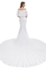 Mermaid Strapless Floor-length Off-the-shoulder Appliques Lace Short Sleeve Floor-length Wedding Dress-Ballbella