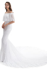 Mermaid Strapless Floor-length Off-the-shoulder Appliques Lace Short Sleeve Floor-length Wedding Dress-Ballbella