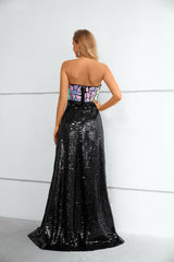 Mermaid Strapless Sequined Floor-length Sleeveless Backless Lace Prom Dress-Ballbella