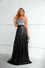 Mermaid Strapless Sequined Floor-length Sleeveless Backless Lace Prom Dress-Ballbella