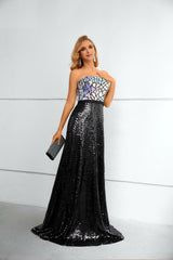 Mermaid Strapless Sequined Floor-length Sleeveless Backless Lace Prom Dress-Ballbella