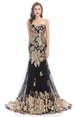 Mermaid Strapless Sweetheart Lace Sequined Floor-length Sleeveless Backless Prom Dress-Ballbella