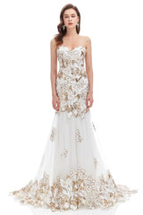 Mermaid Strapless Sweetheart Lace Sequined Floor-length Sleeveless Backless Prom Dress-Ballbella