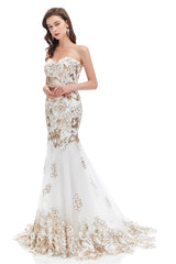 Mermaid Strapless Sweetheart Lace Sequined Floor-length Sleeveless Backless Prom Dress-Ballbella