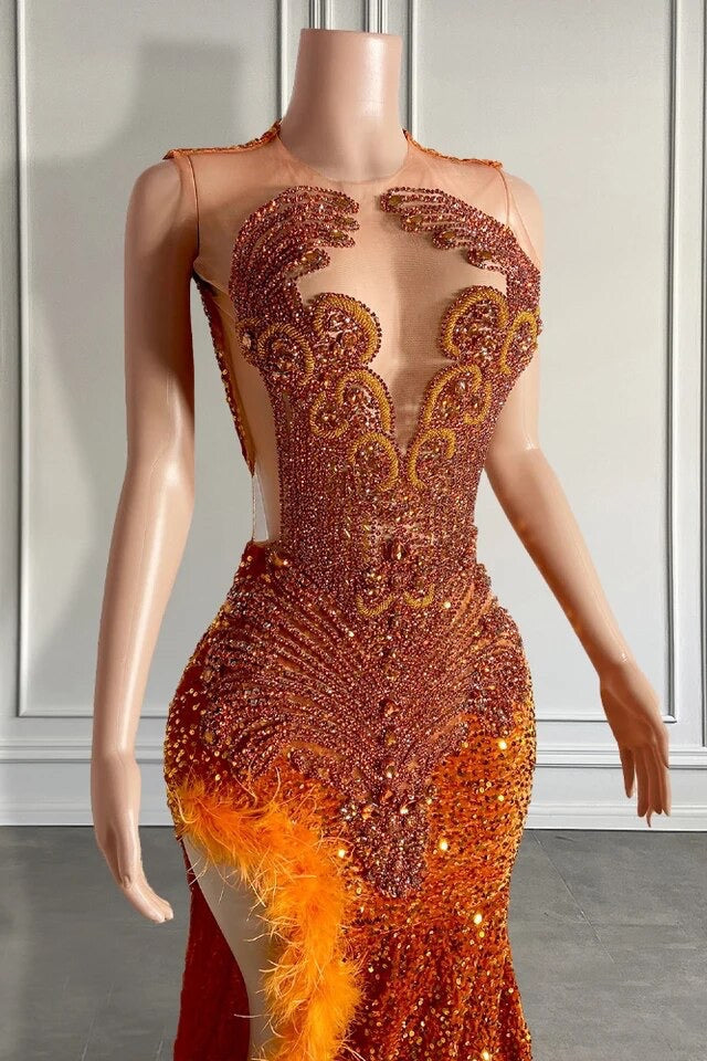 Mermaid Style Burnt Orange Sequins Prom Dress with Side Slit Long Length Beadings and Feathers Mermaid Style Burnt Orange Sequins Prom Dress with Side Slit Long Length Beadings and Feathers
