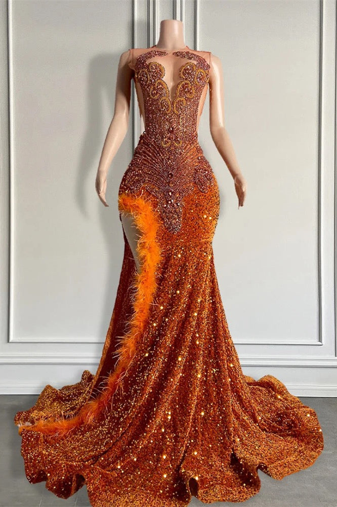 Mermaid Style Burnt Orange Sequins Prom Dress with Side Slit Long
