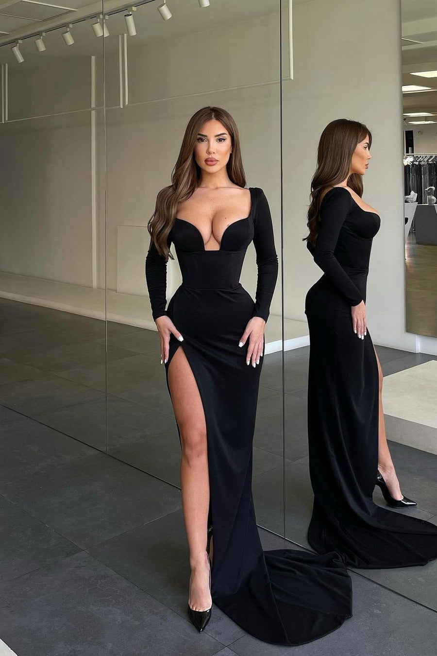 Mermaid Sweetheart Floor-Length Long Sleeve Open Back Side Train High Split Prom Dress Mermaid Sweetheart Floor-Length Long Sleeve Open Back Side Train High Split Prom Dress