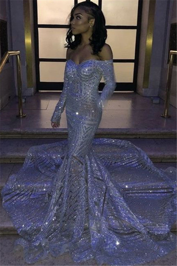 strapless open back dress Mermaid Sweetheart Long Sleeve Chapel Paillette Hollow Out Prom Dress