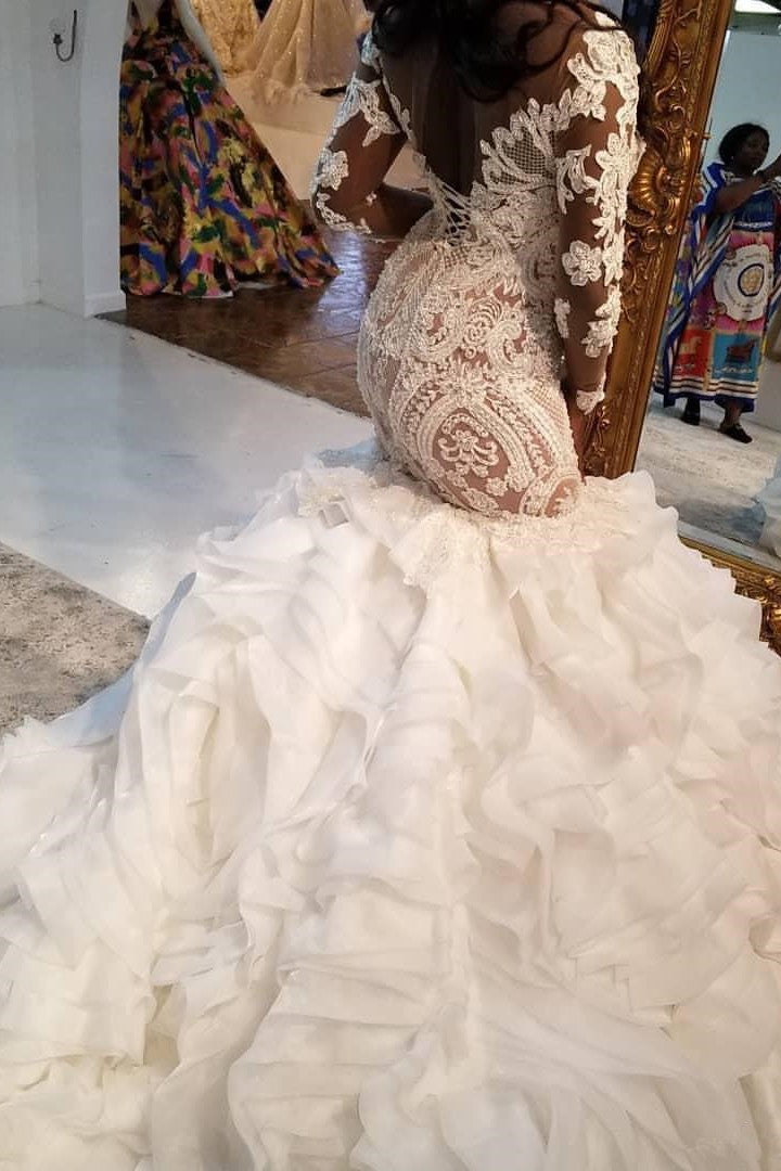 Mermaid Sweetheart Long Train Long Sleeves Backless Organza Applique Wedding Dress Mermaid Sweetheart Long Train Long Sleeves Backless Organza Applique Wedding Dress